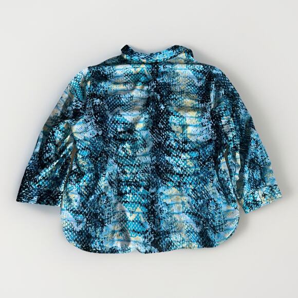 White Stag Button Up Blouse XL — Teal/Black/Yellow Snakeskin-Style Print - Picture 2 of 9